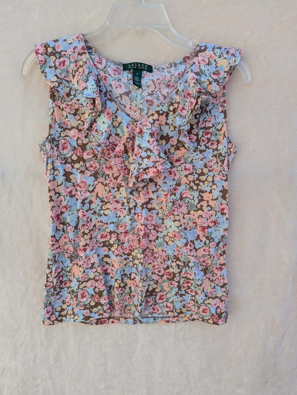 Lauren Ralph Lauren Women's Floral Print Sleeveless Ruffle Trim Cotton Tank Top